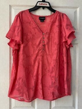 Liz Claiborne Career Coral Burnout Floral Blouse XL Flutter Sleeve